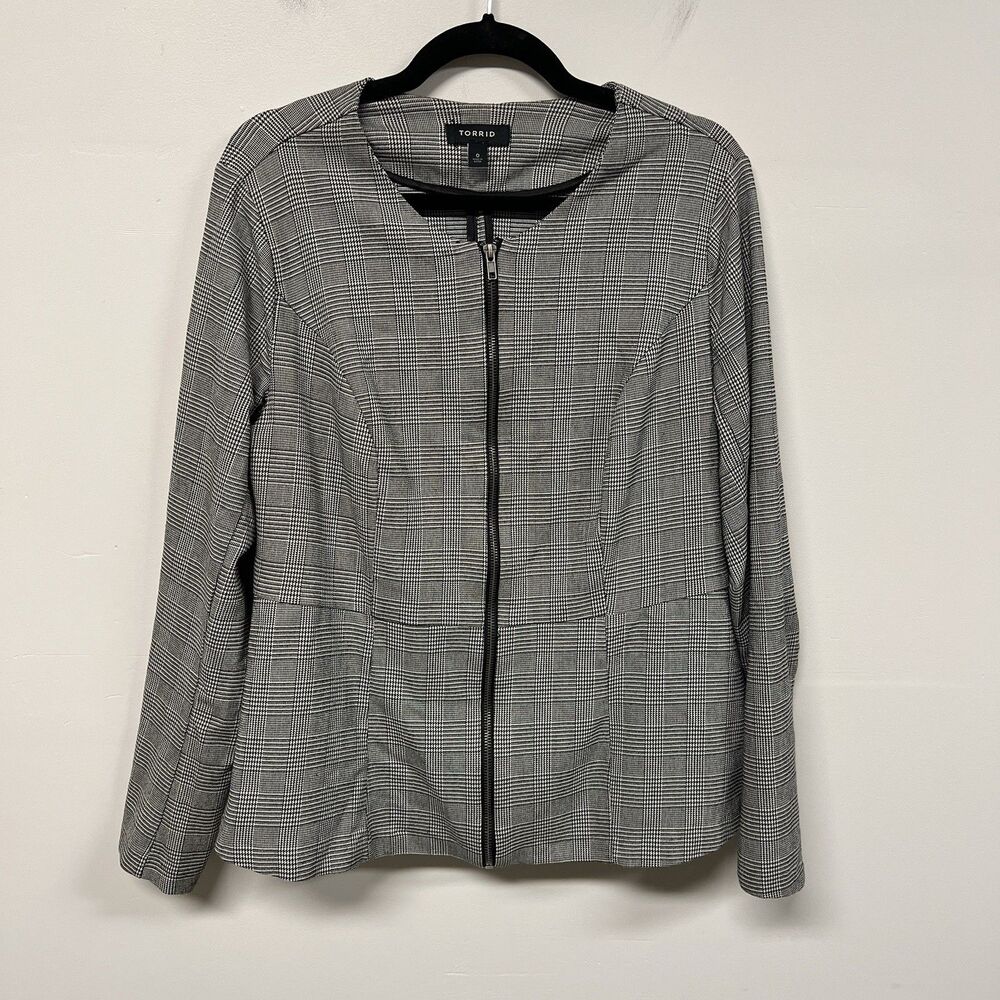 Torrid Houndstooth Zip Front Blazer Jacket Size 0 L Gray Black Work Career Chic